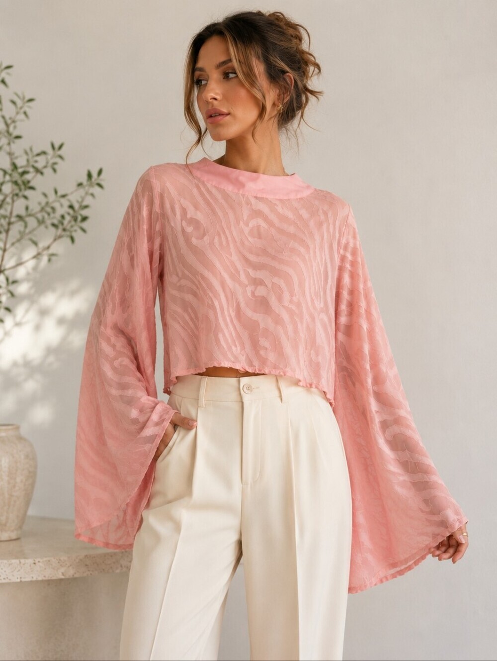 Toxik3 Boho Blush Crop Animal Print Burnout Flowy Bell Sleeve Blouse L